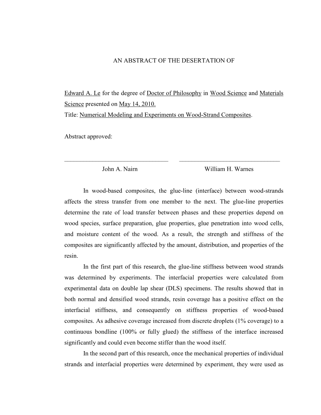 An Abstract of the Thesis Of