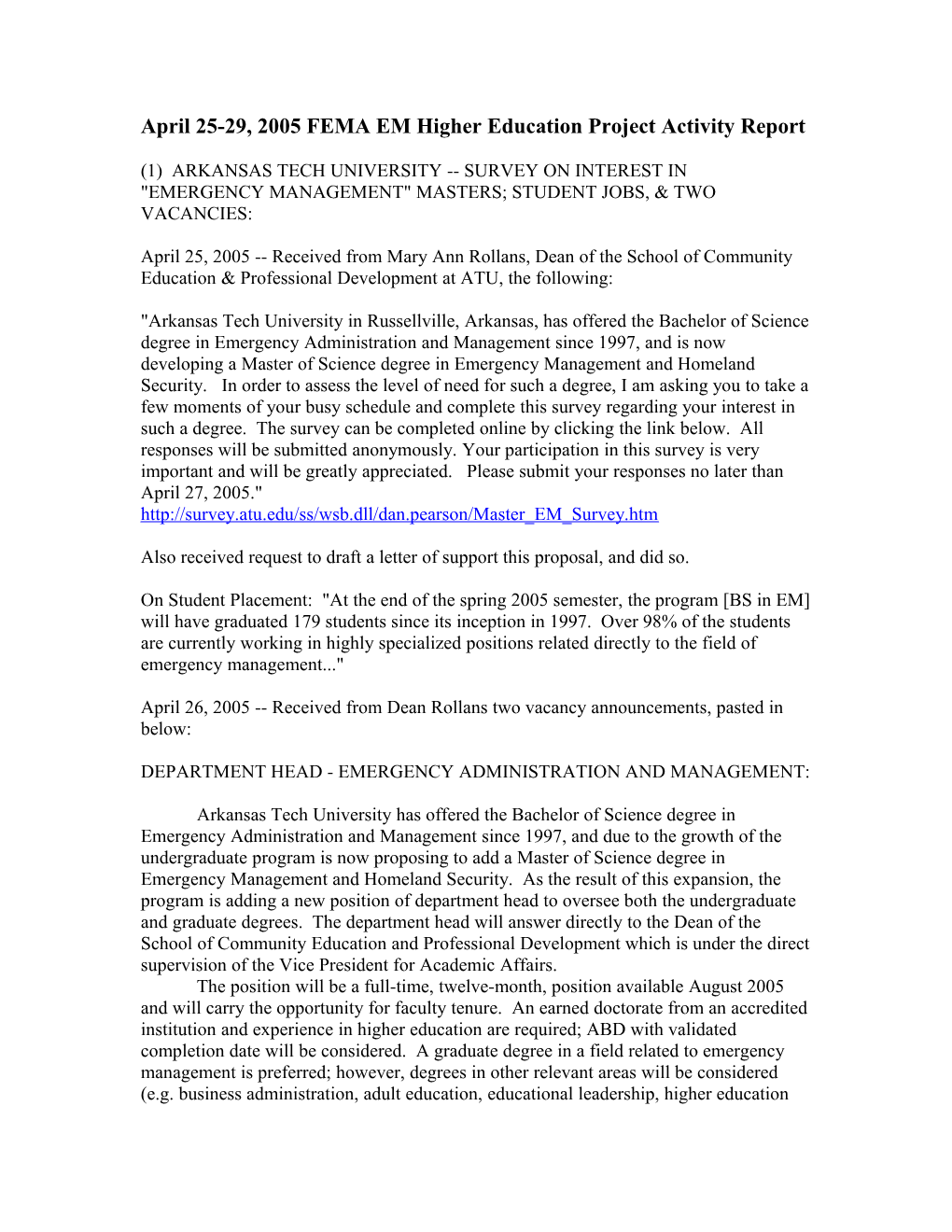 April 25-29, 2005 FEMA EM Higher Education Project Activity Report