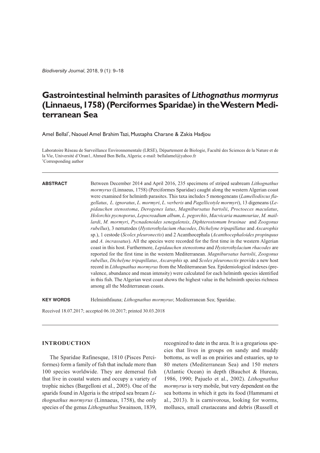 Gastrointestinal Helminth Parasites of Lithognathus Mormyrus (Linnaeus, 1758) (Perciformes Sparidae) in the Western Medi- Terranean Sea