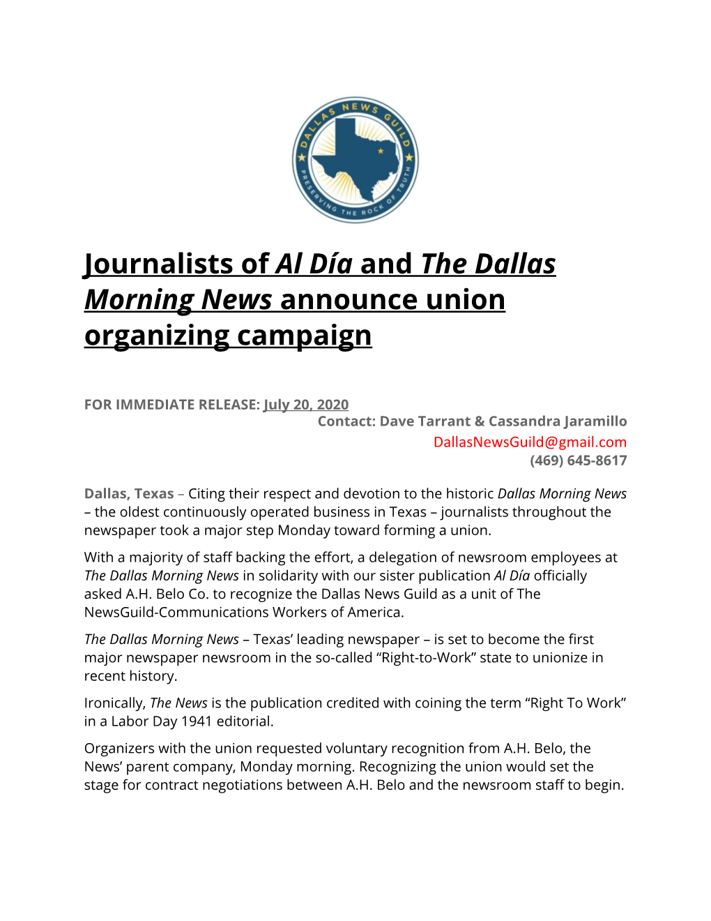 Journalists of ​Al Día ​And ​The Dallas Morning News​ Announce