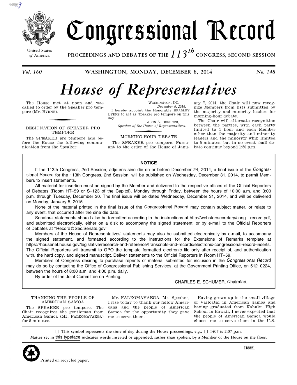 Congressional Record United States Th of America PROCEEDINGS and DEBATES of the 113 CONGRESS, SECOND SESSION