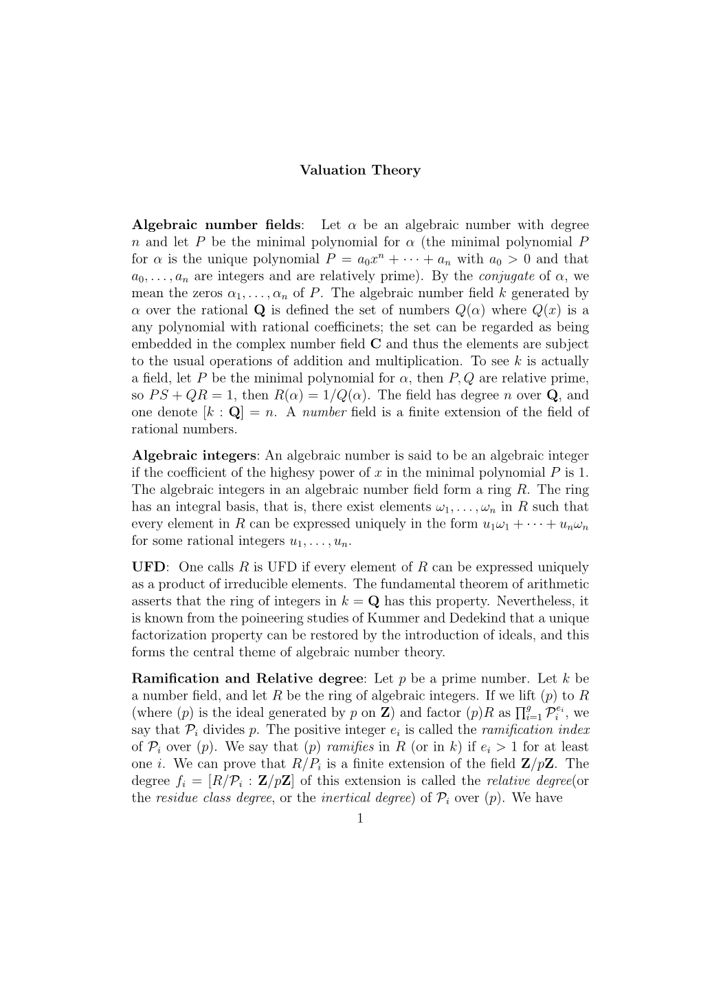 Valuation Theory Algebraic Number Fields: Let Α Be an Algebraic Number