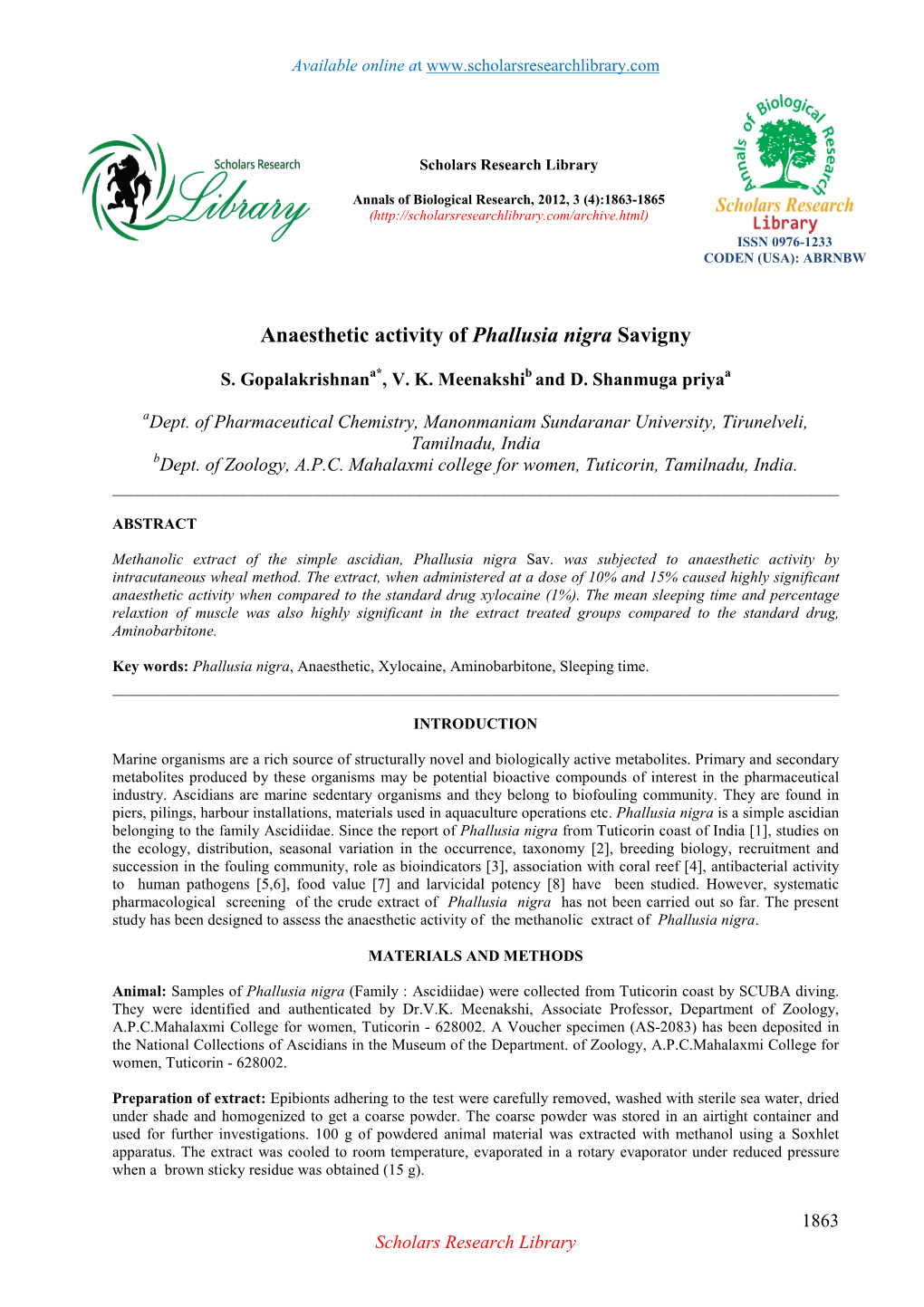 Anaesthetic Activity of Phallusia Nigra Savigny