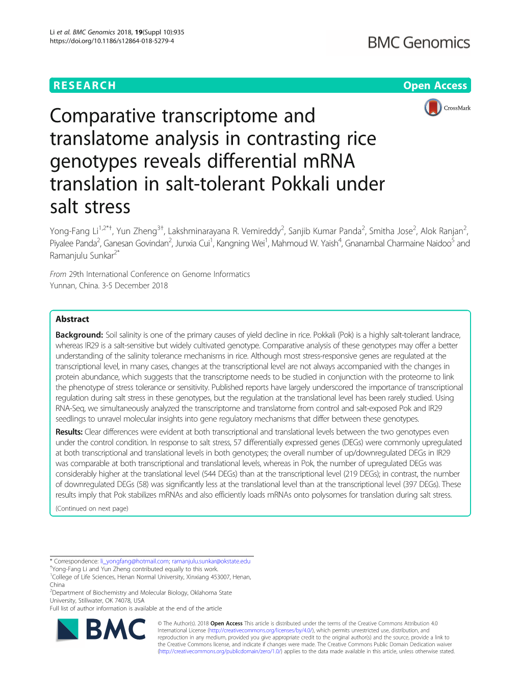 Comparative Transcriptome and Translatome Analysis in Contrasting
