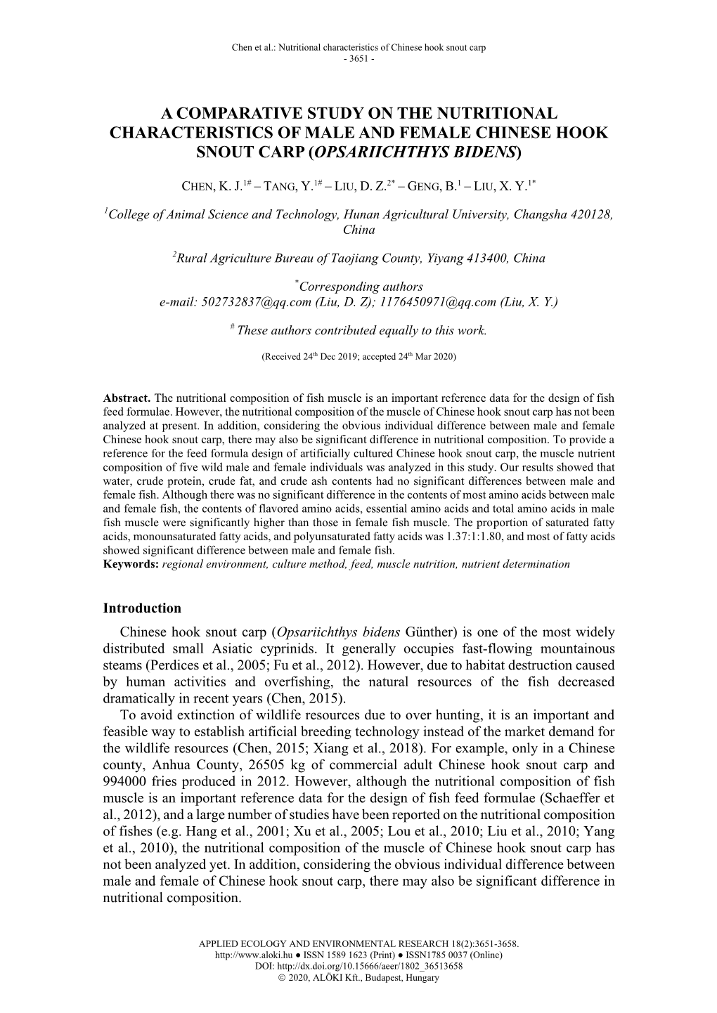 A Comparative Study on the Nutritional Characteristics of Male and Female Chinese Hook Snout Carp (Opsariichthys Bidens)