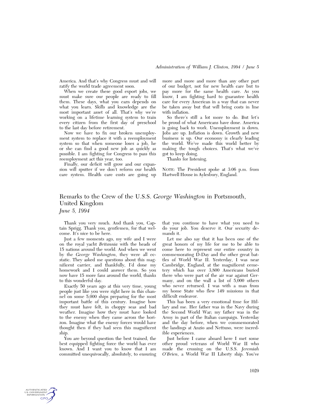 Remarks to the Crew of the U.S.S. George Washington in Portsmouth, United Kingdom June 5, 1994