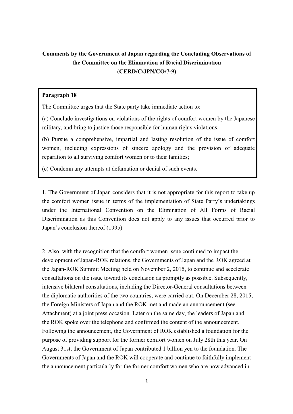 Comments by the Government of Japan Regarding the Concluding Observations of the Committee on the Elimination of Racial Discrimination (CERD/C/JPN/CO/7-9)