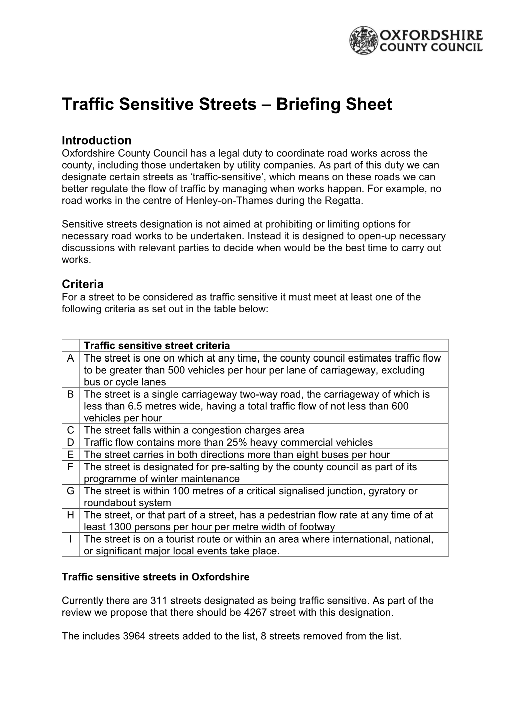 Traffic Sensitive Streets – Briefing Sheet