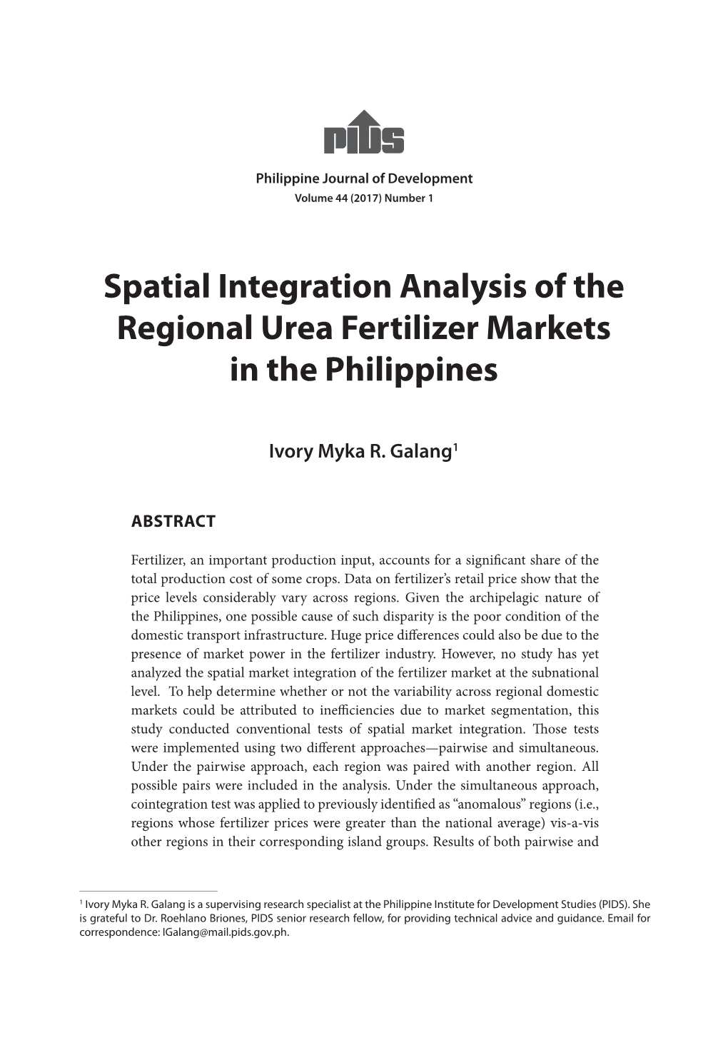 Spatial Integration Analysis of the Regional Urea Fertilizer Markets in the Philippines