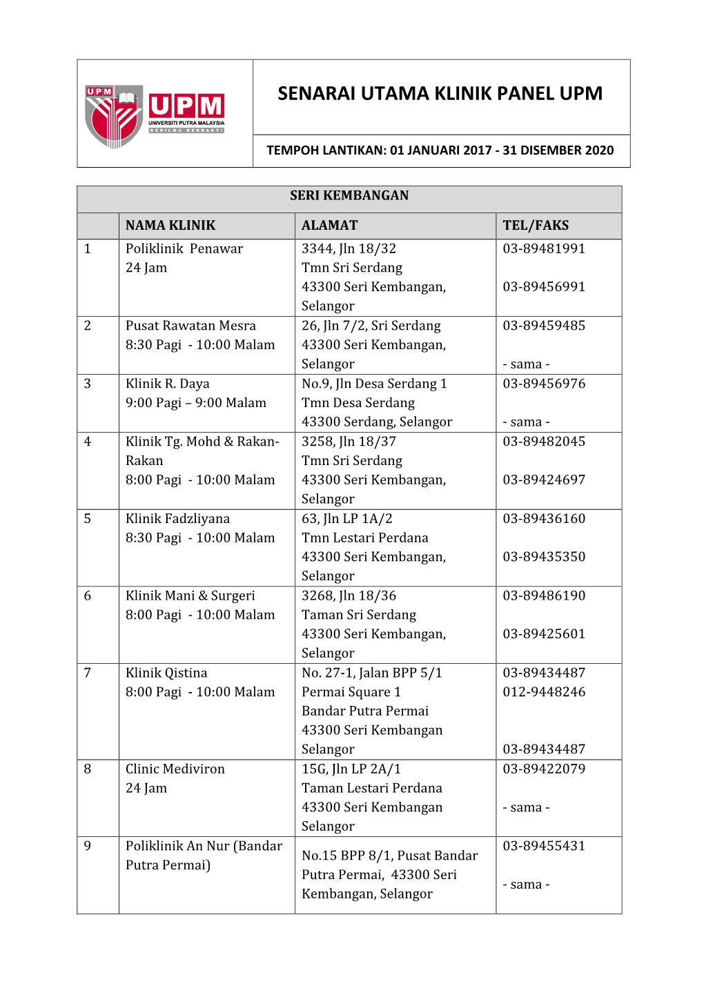 Senarai Utama Klinik Panel Upm