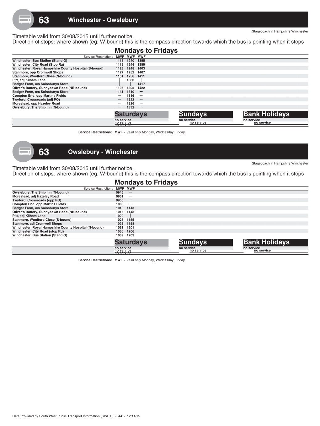 Service No. 63 – Timetable