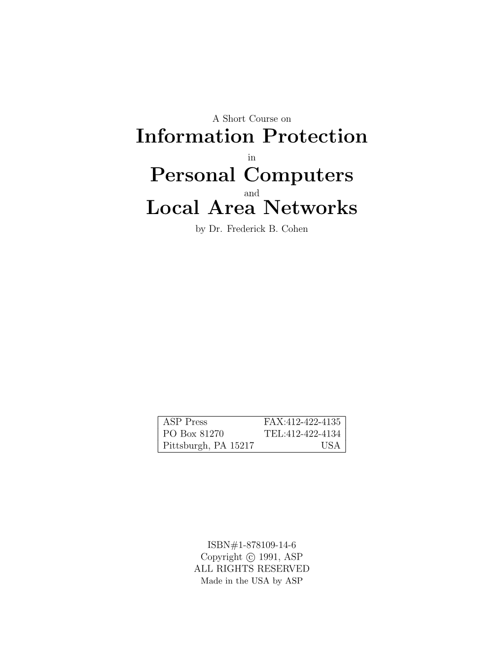 Information Protection Personal Computers Local Area Networks