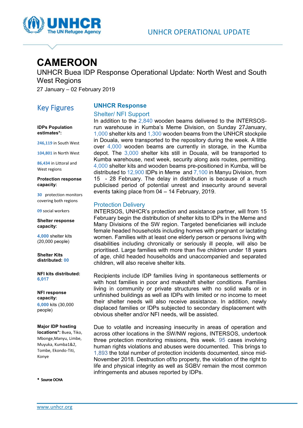 CAMEROON UNHCR Buea IDP Response Operational Update: North West and South West Regions 27 January – 02 February 2019