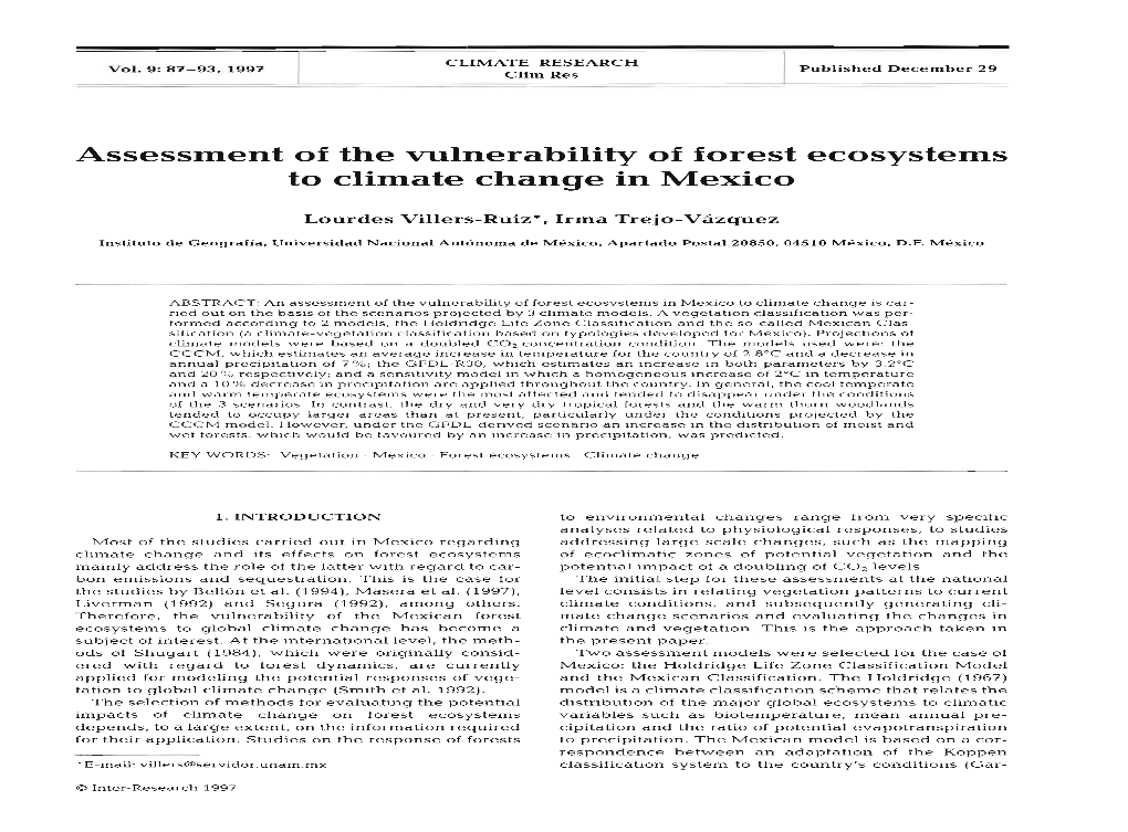 Assessment of the Vulnerability of Forest Ecosystems to Climate Change in Mexico