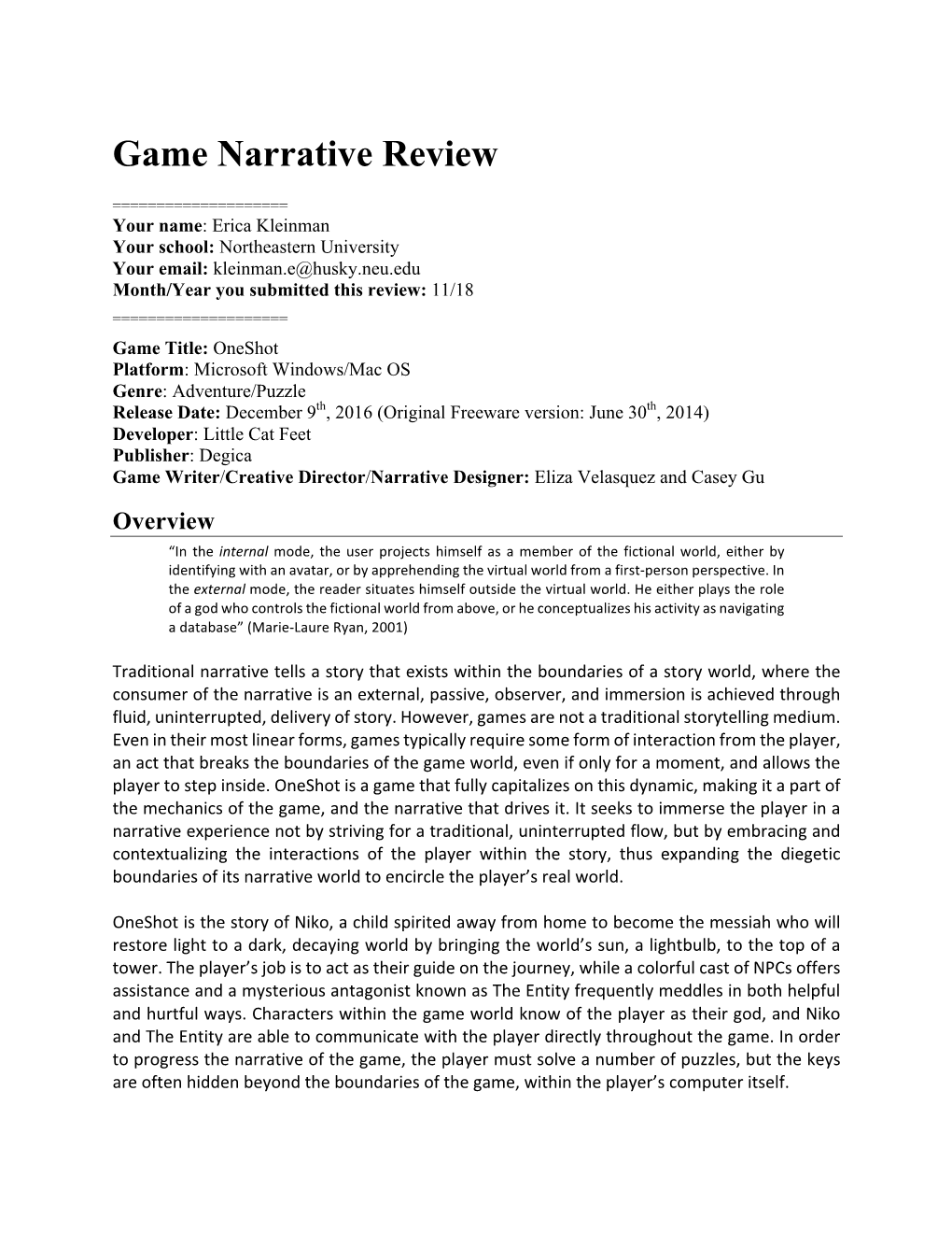 Game Narrative Review