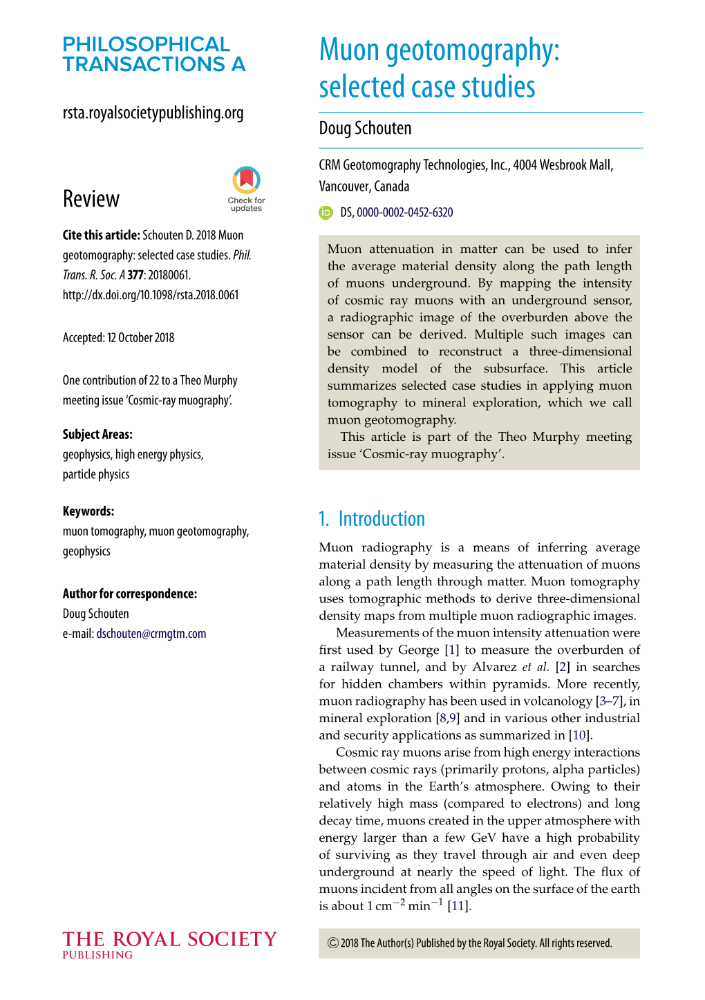 Muon Geotomography: Selected Case Studies Rsta.Royalsocietypublishing.Org Doug Schouten