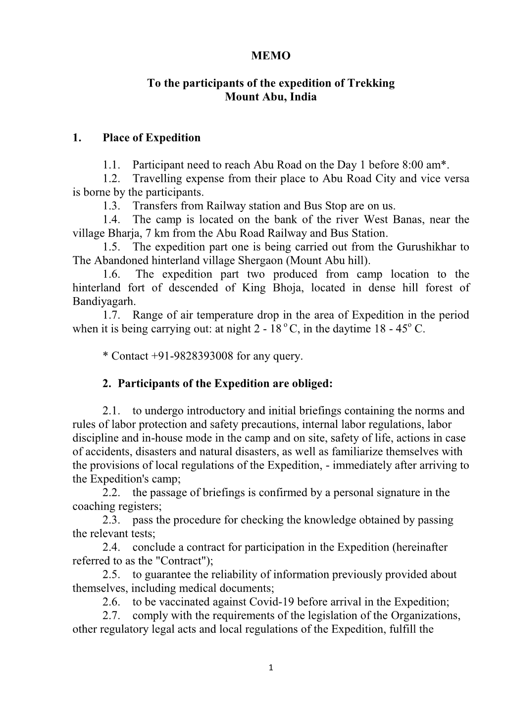 MEMO to the Participants of the Expedition of Trekking Mount Abu