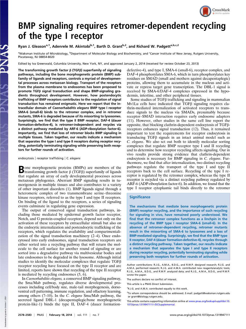 BMP Signaling Requires Retromer-Dependent Recycling of the Type I Receptor