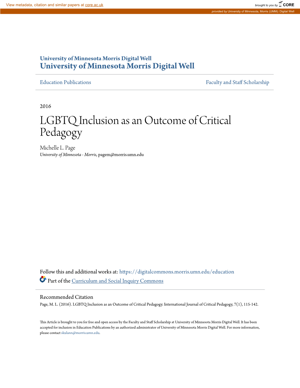 LGBTQ Inclusion As an Outcome of Critical Pedagogy Michelle L