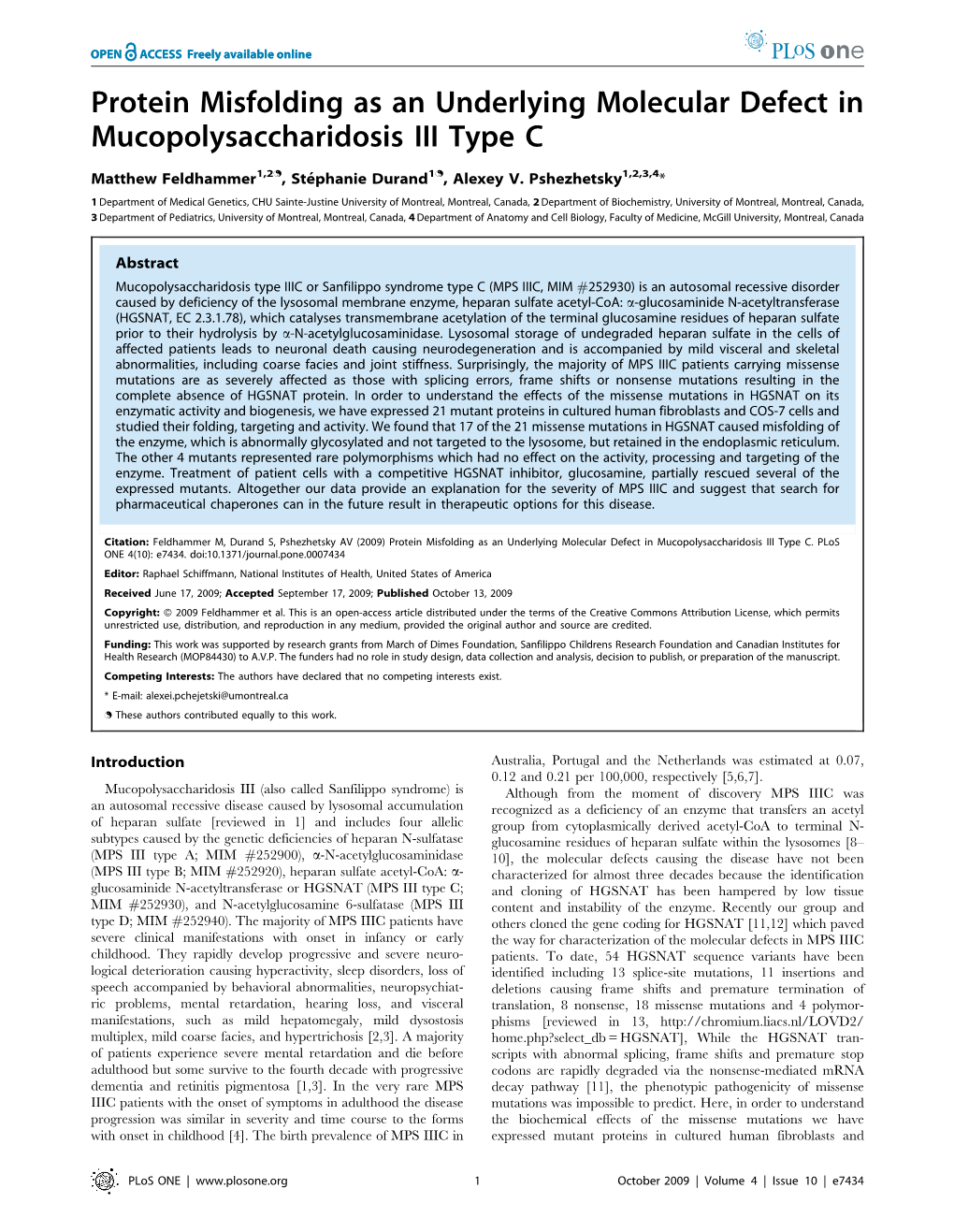 Protein Misfolding As an Underlying Molecular Defect in Mucopolysaccharidosis III Type C