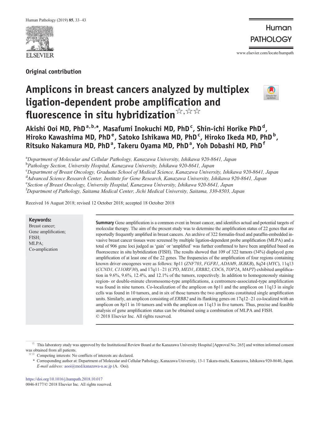 Amplicons in Breast Cancers Analyzed by Multiplex Ligation-Dependent