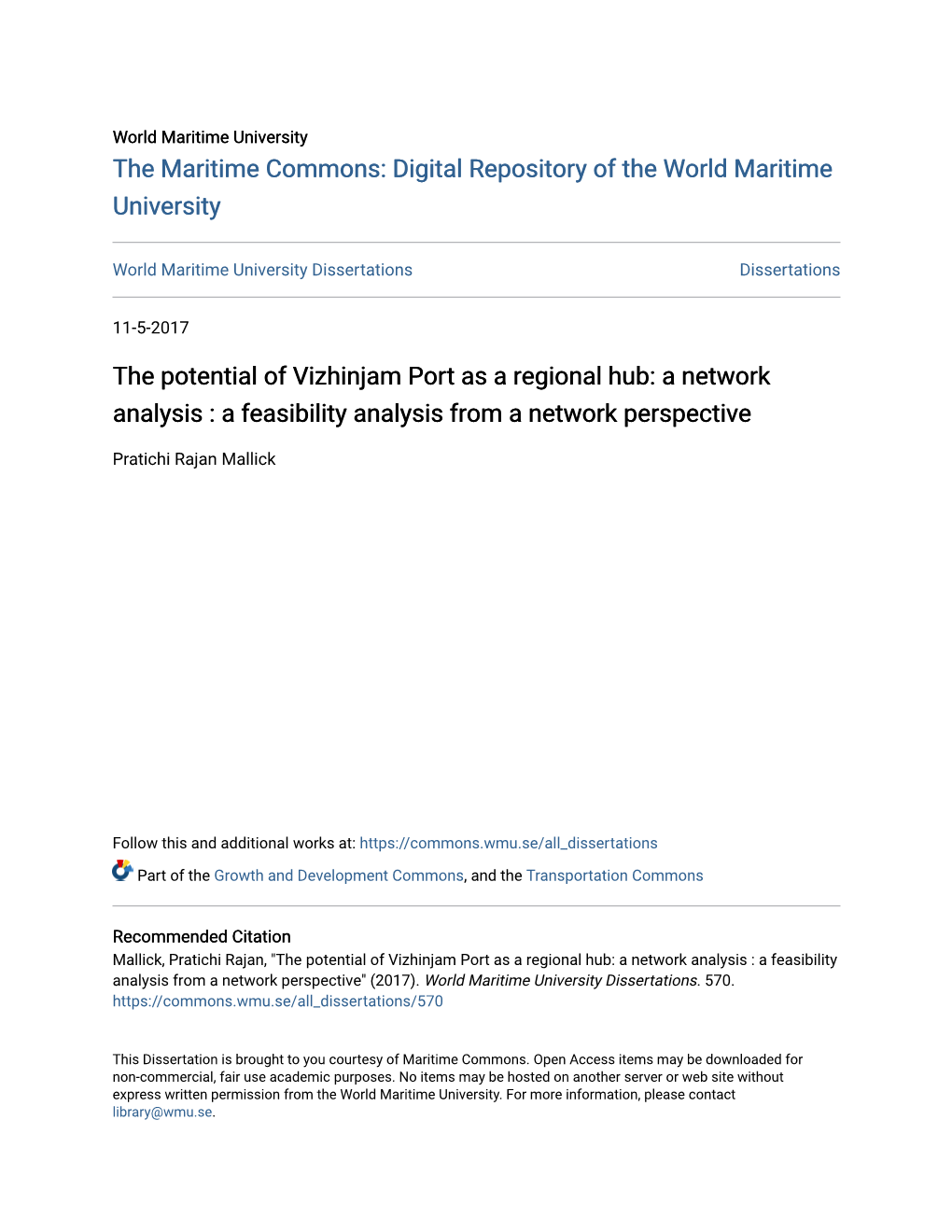 The Potential of Vizhinjam Port As a Regional Hub: a Network Analysis : a Feasibility Analysis from a Network Perspective