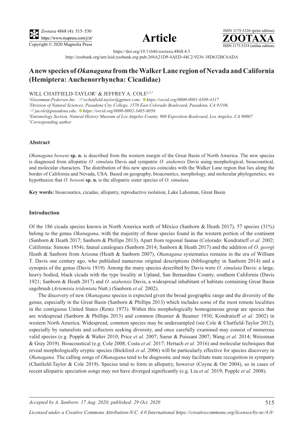 A New Species of Okanagana from the Walker Lane Region of Nevada and California (Hemiptera: Auchenorrhyncha: Cicadidae)