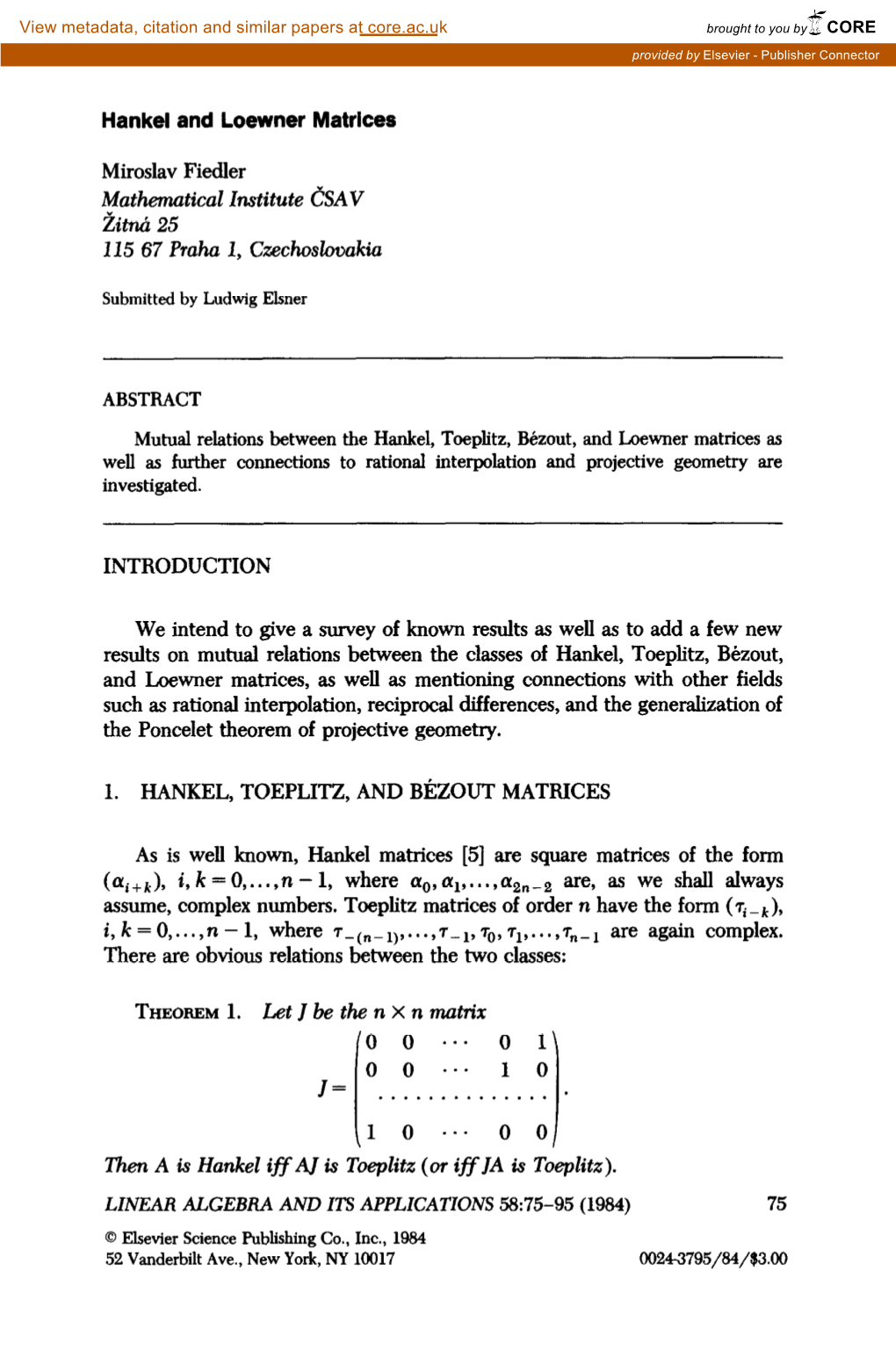 Hankel and Loewner Matrices Miroslav Fiedler Mathematical