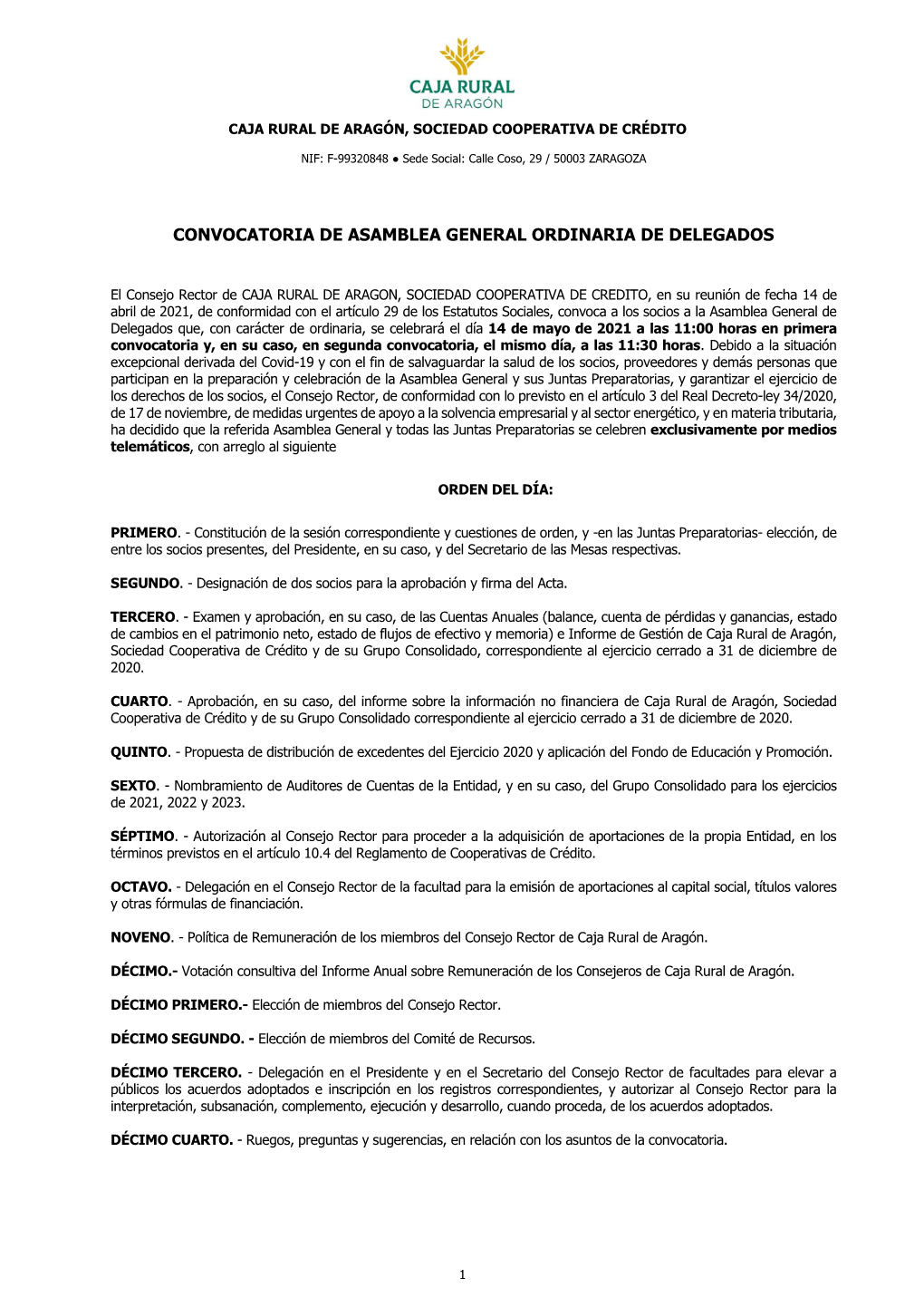 Convocatoria Asamblea General 2021