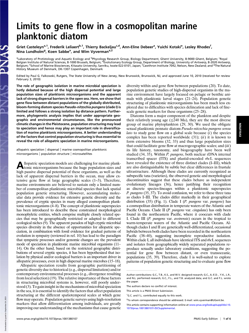 Limits to Gene Flow in a Cosmopolitan Marine Planktonic Diatom