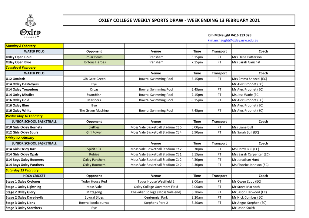 Oxley College Weekly Sports Draw - Week Ending 13 February 2021