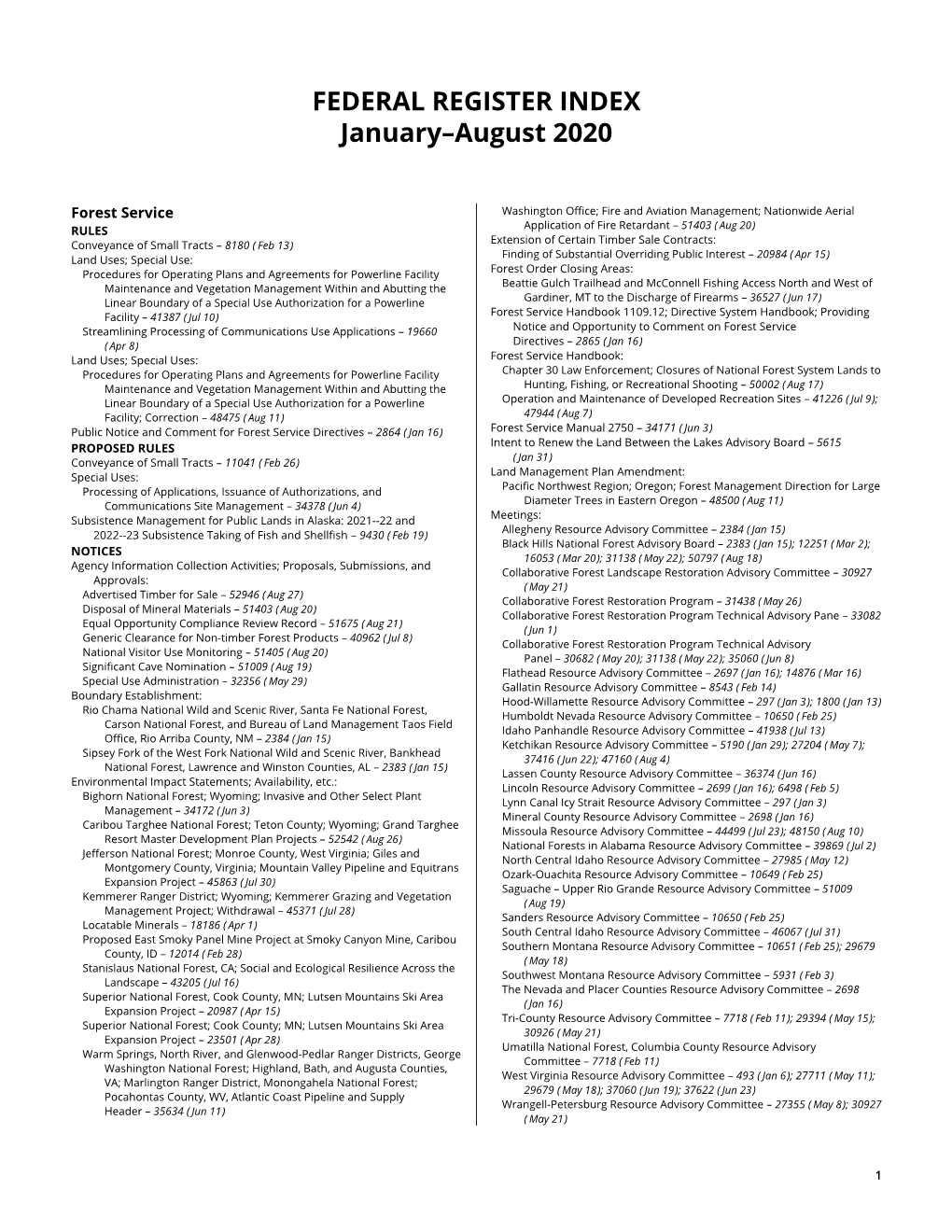 FEDERAL REGISTER INDEX January–August 2020