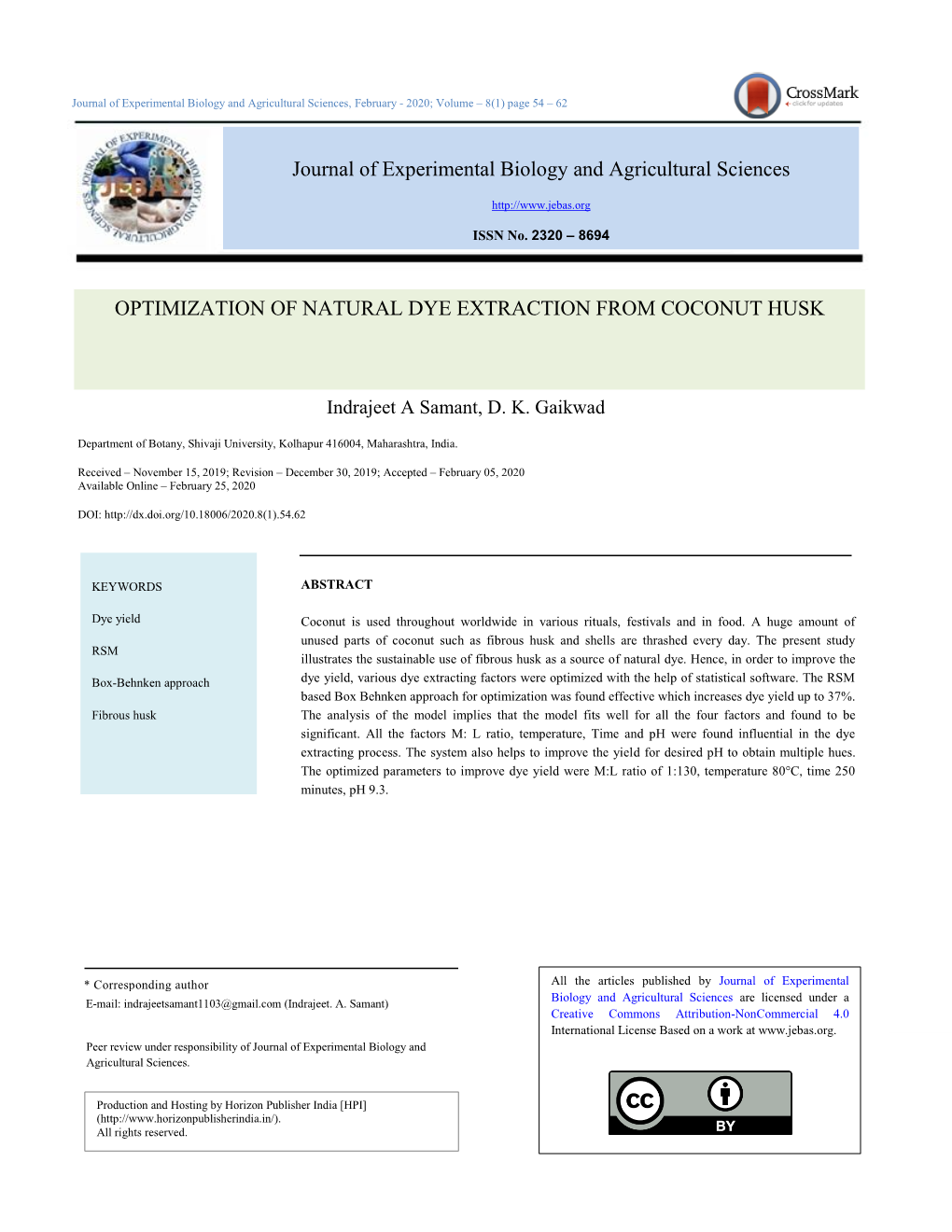 Journal of Experimental Biology and Agricultural Sciences OPTIMIZATION of NATURAL DYE EXTRACTION from COCONUT HUSK