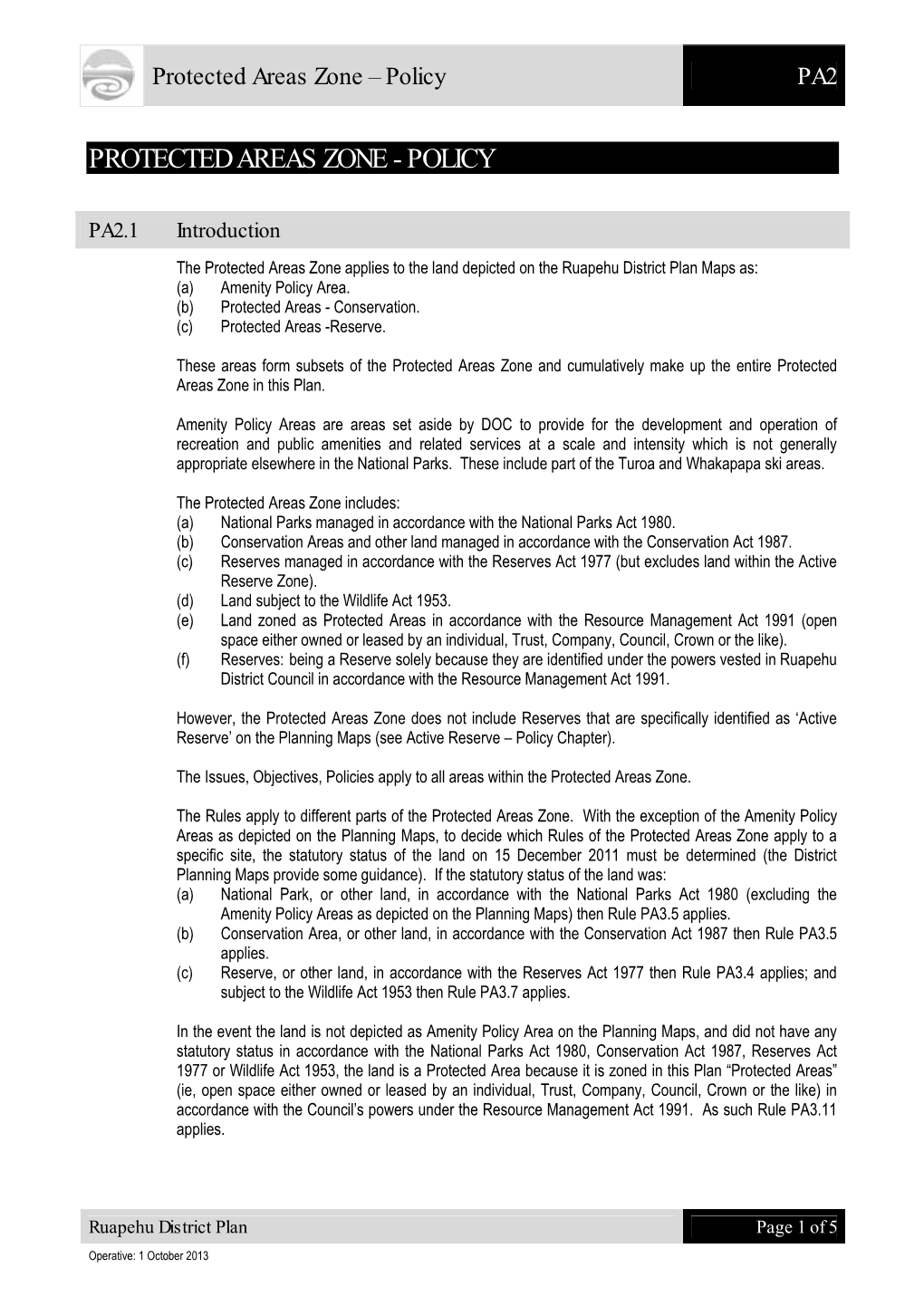 Protected Areas Zone – Policy PA2