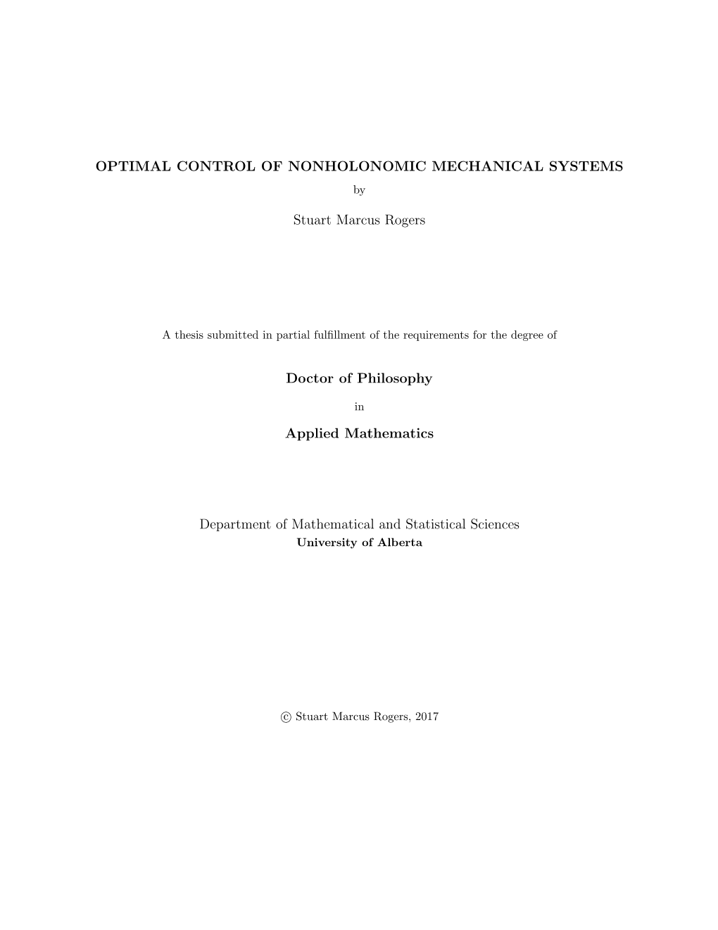 OPTIMAL CONTROL of NONHOLONOMIC MECHANICAL SYSTEMS By