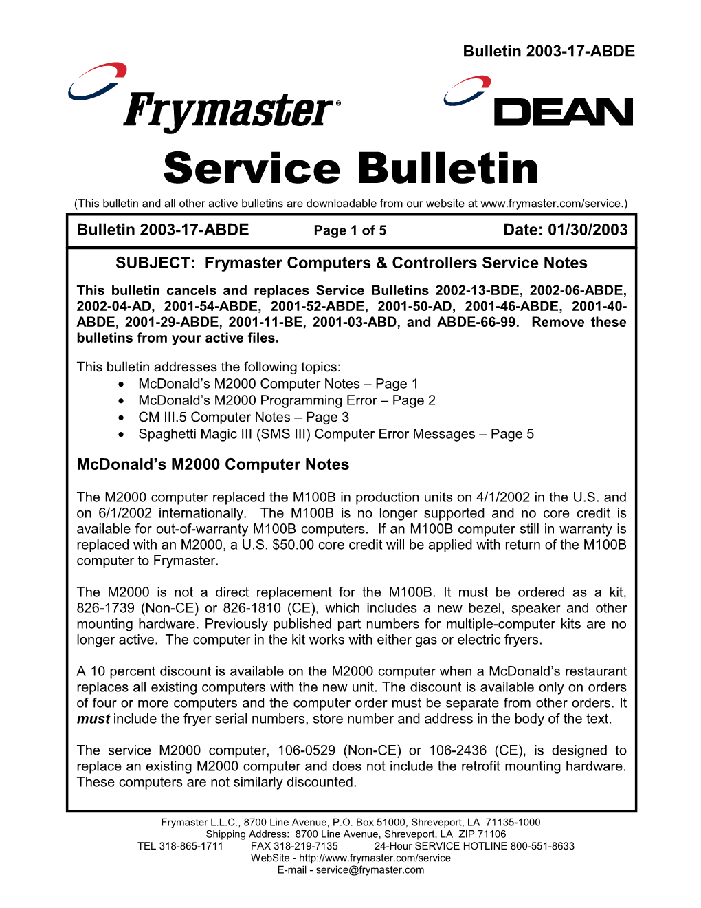 Service Bulletin (This Bulletin and All Other Active Bulletins Are Downloadable from Our Website At