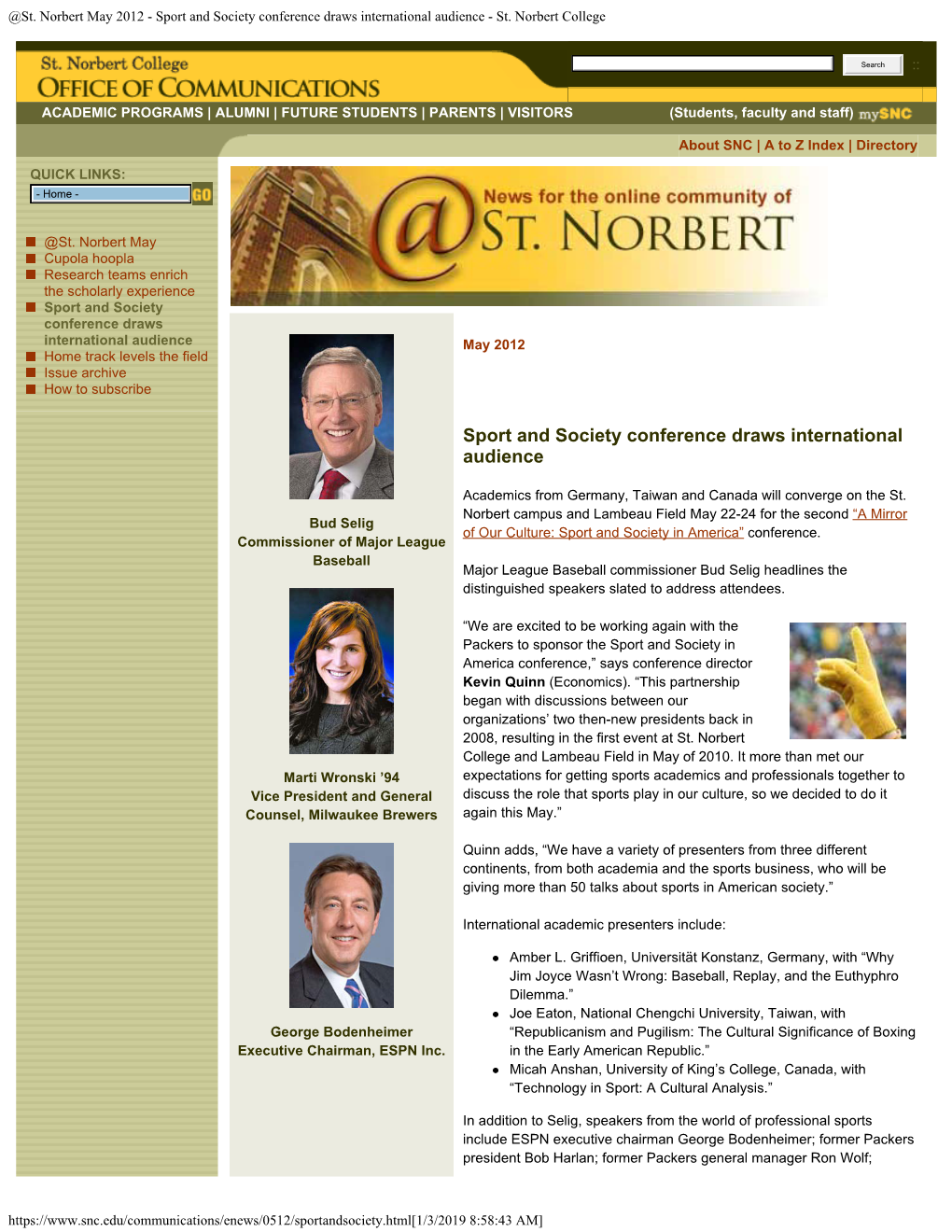 St. Norbert May 2012 - Sport and Society Conference Draws International Audience - St