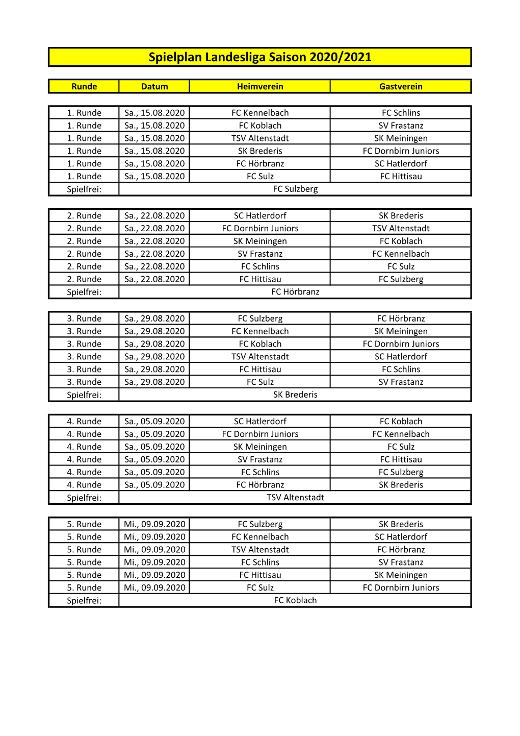 Spielplan Landesliga Saison 2020/2021