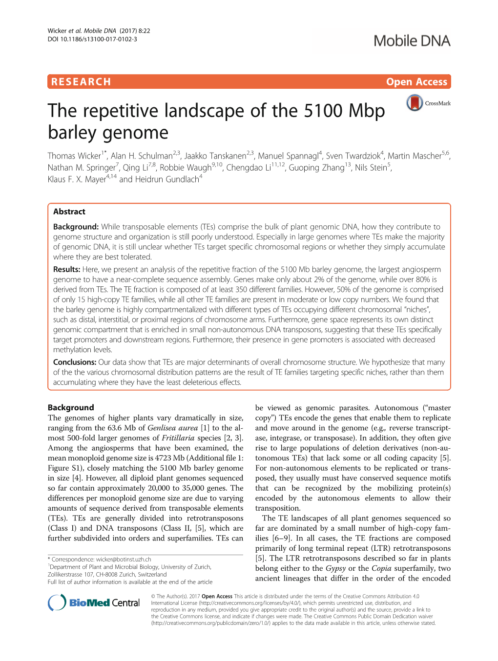 The Repetitive Landscape of the 5100 Mbp Barley Genome Thomas Wicker1*, Alan H