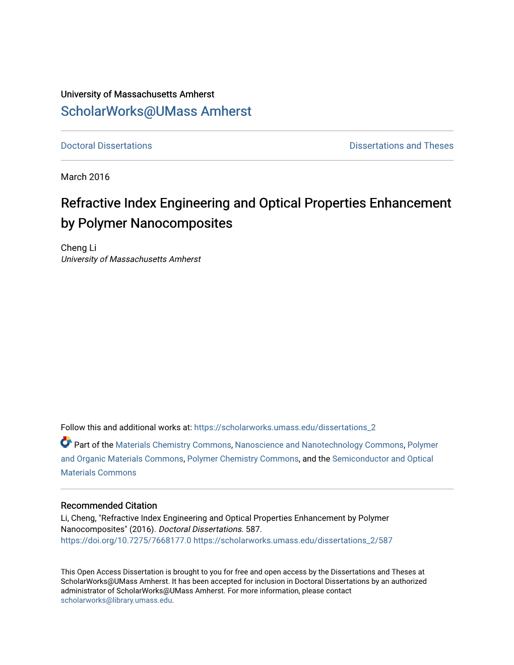 Refractive Index Engineering and Optical Properties Enhancement by Polymer Nanocomposites