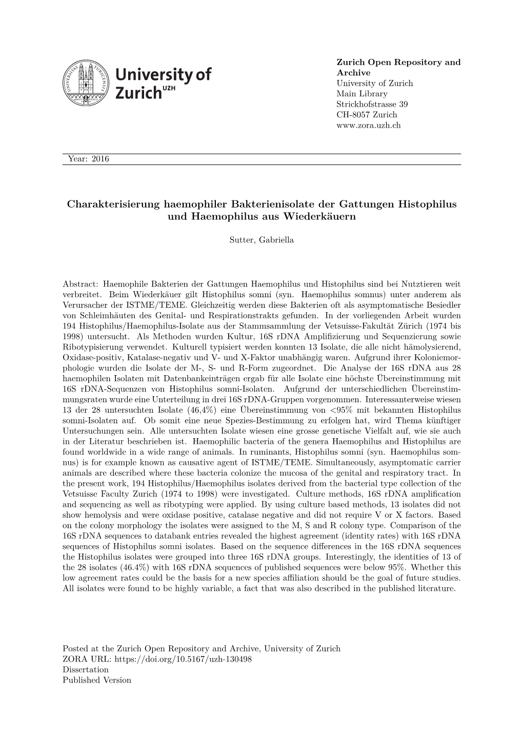 Charakterisierung Haemophiler Bakterienisolate Der Gattungen Histophilus Und Haemophilus Aus Wiederkäuern