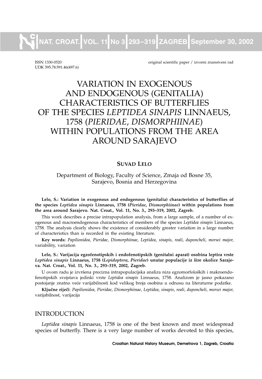 Variation in Exogenous and Endogenous (Genitalia) Characteristics of Butterflies of the Species Leptidea Sinapis Linnaeus, 1758