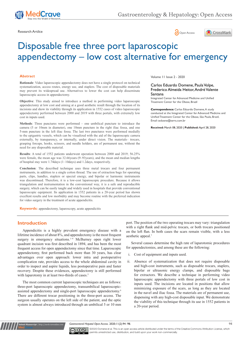 Disposable Free Three Port Laparoscopic Appendectomy – Low Cost Alternative for Emergency