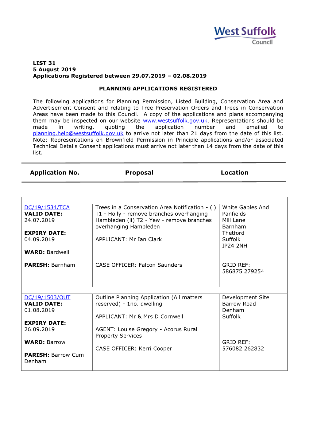 WSC Planning Applications 31/19