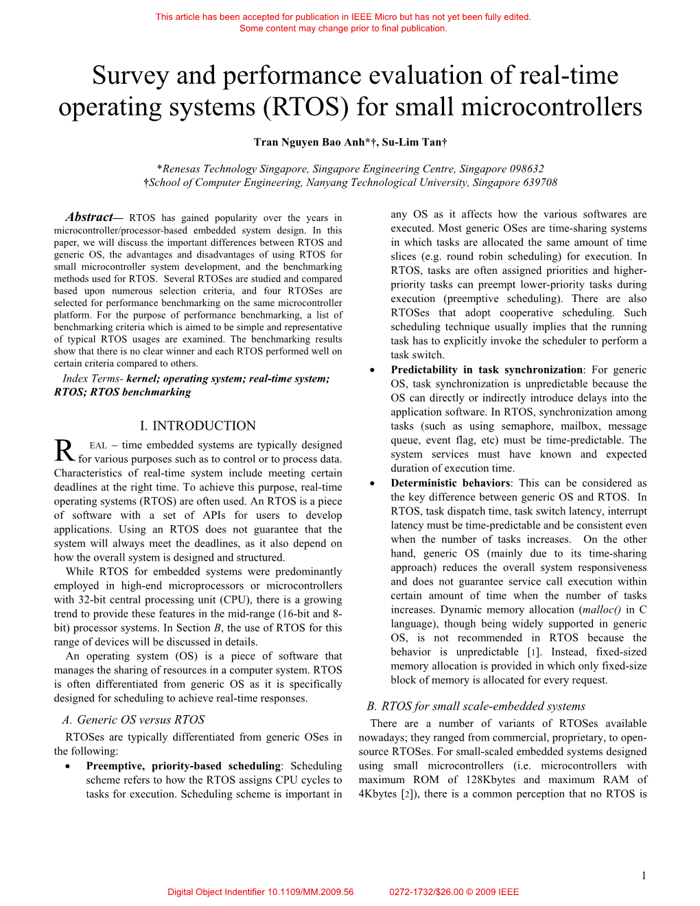 Survey and Performance Evaluation of Real-Time Operating Systems (RTOS) for Small Microcontrollers