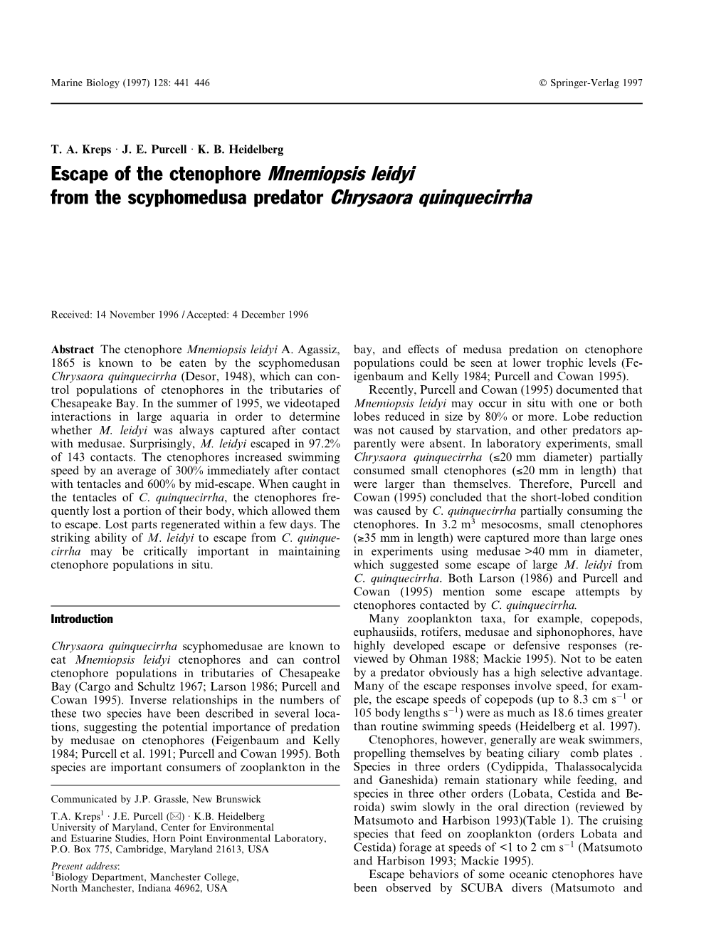 Escape of the Ctenophore Mnemiopsis Leidyi from the Scyphomedusa Predator Chrysaora Quinquecirrha