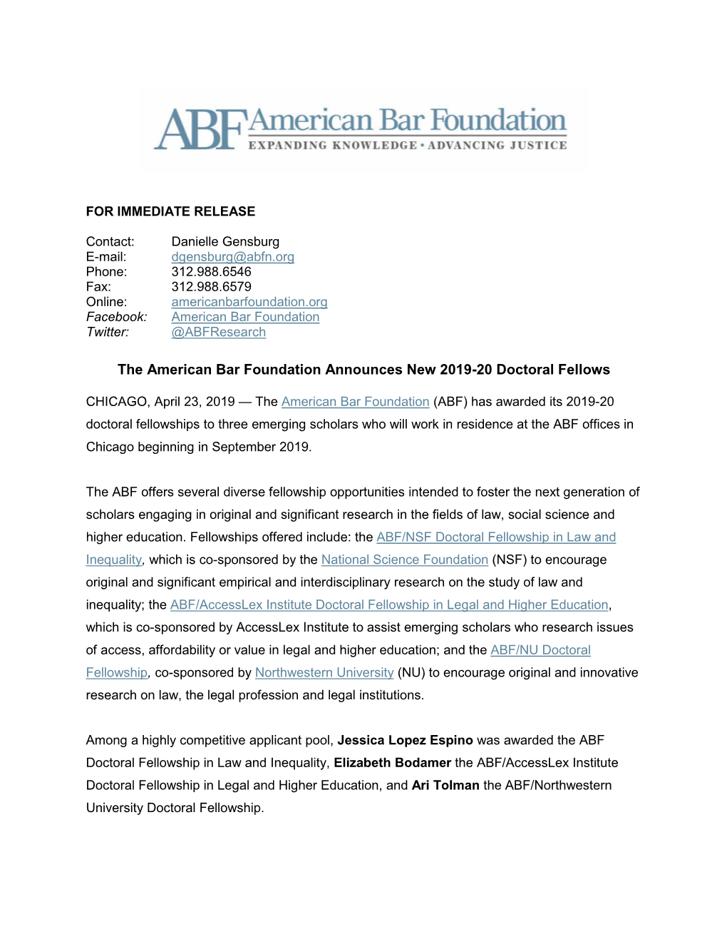 The American Bar Foundation Announces New 2019-20 Doctoral Fellows