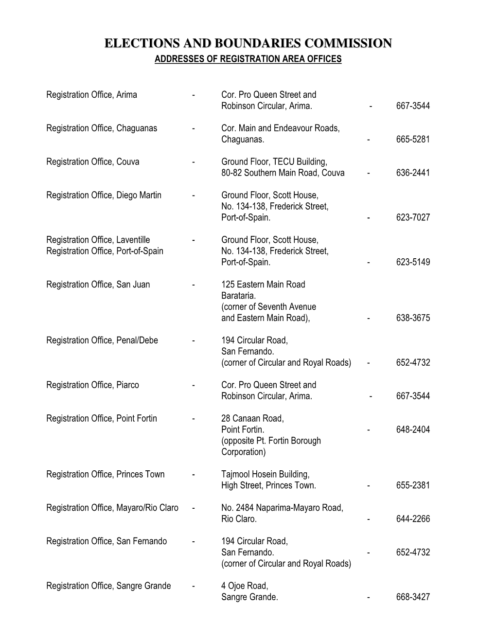 Elections and Boundaries Commission Addresses of Registration Area Offices