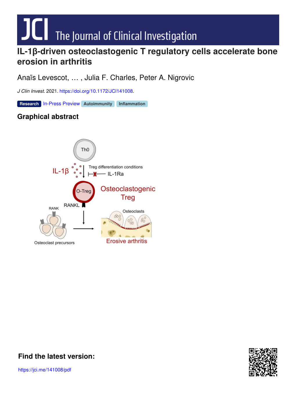 IL-1Β-Driven Osteoclastogenic T Regulatory Cells Accelerate Bone Erosion in Arthritis