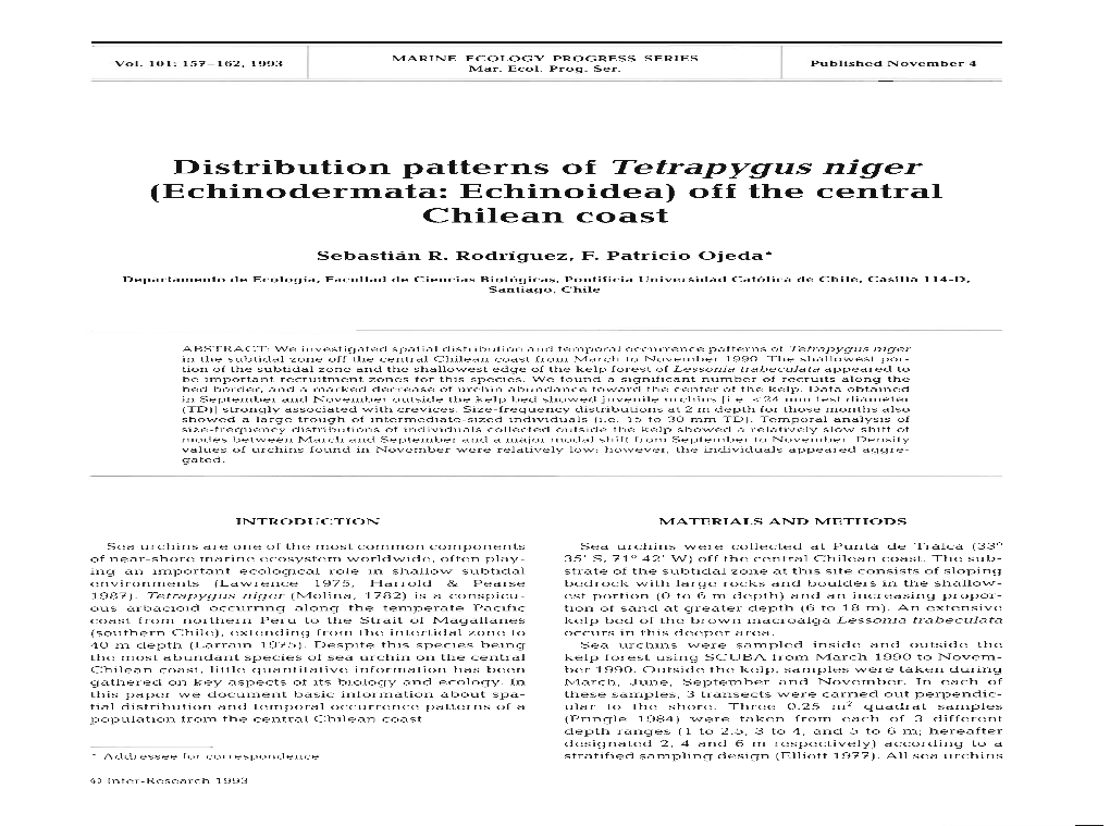 Distribution Patterns of Tetrapygus Niger (Echinodermata: Echinoidea) Off the Central Chilean Coast